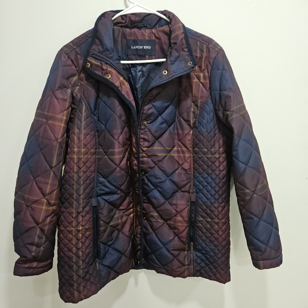 Lands End plaid purple navy women's size 16 coat